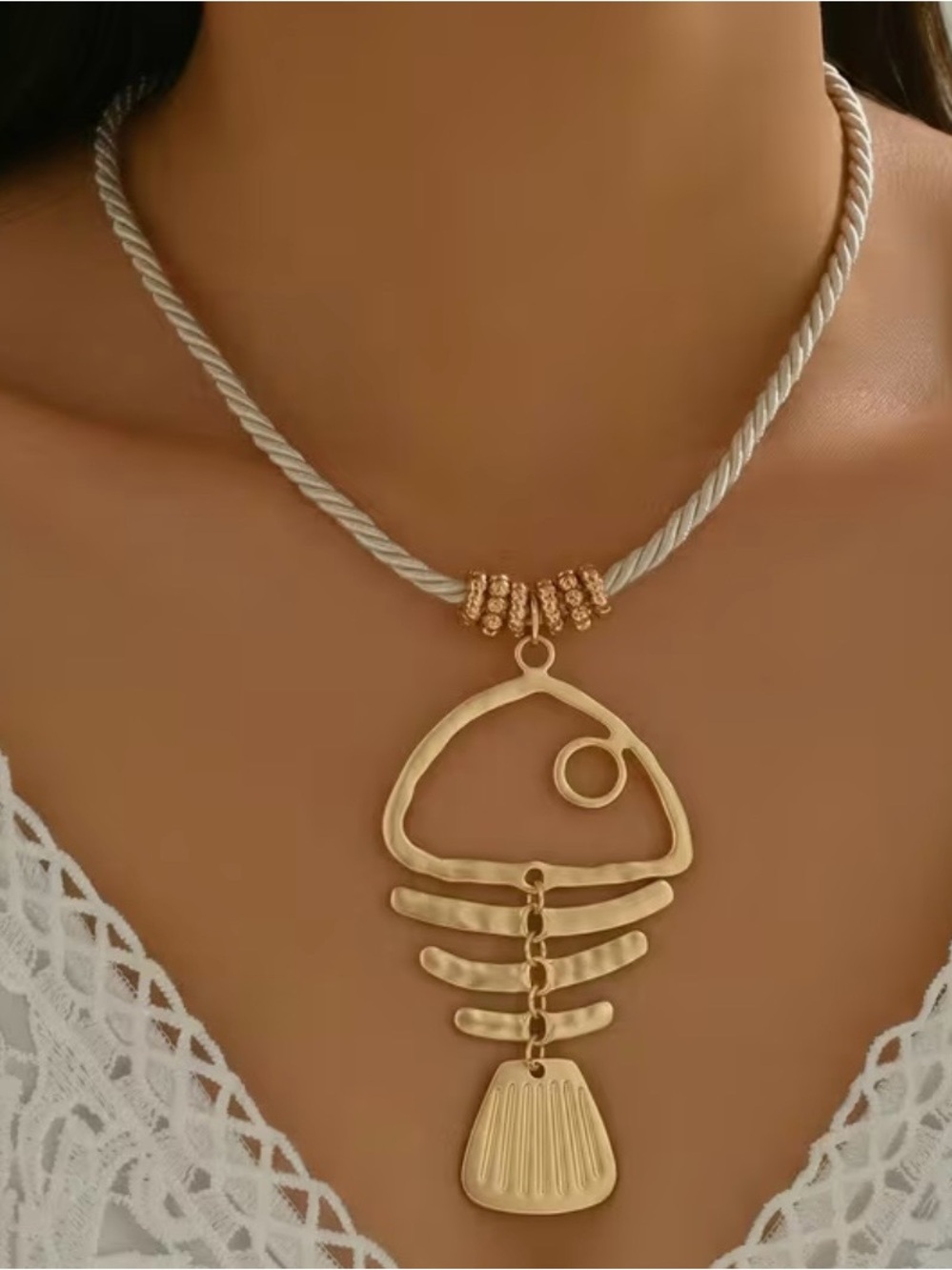 Gold Fishbone Pendant Necklace with Cream Cord Chain 16” NWT